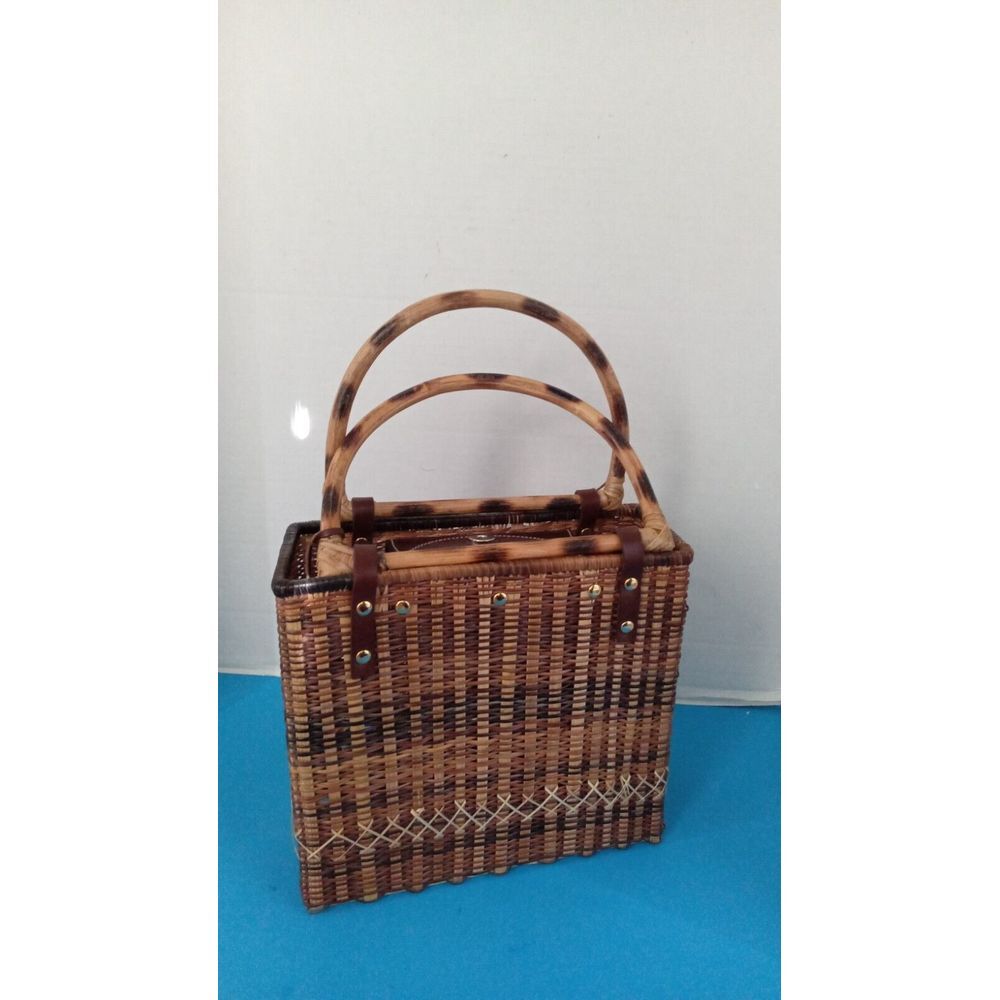Vintage Woven Bamboo Basket Handbag Boho Chic Summer Tote with Double Handles.